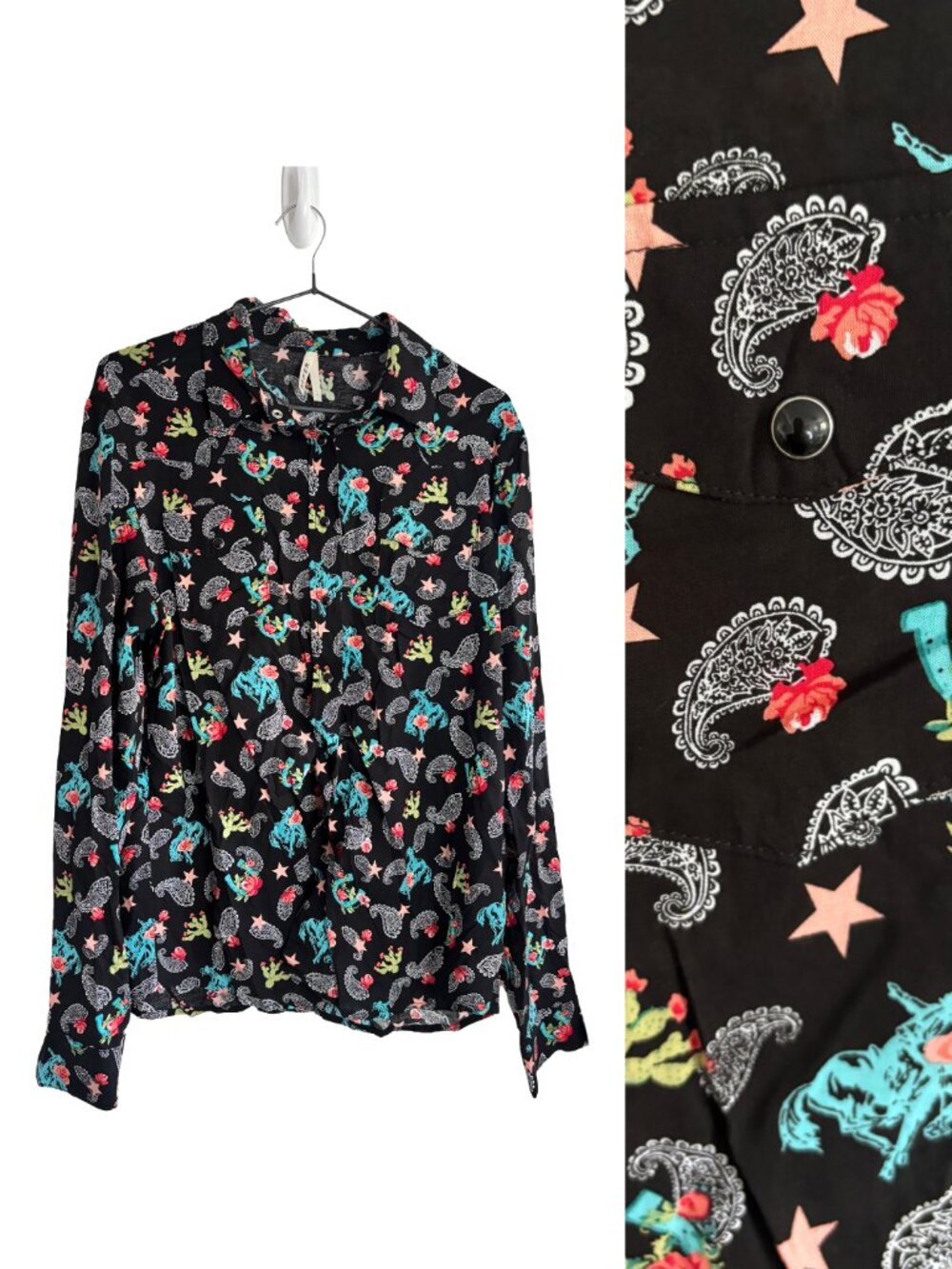Roper Black Western Cactus Star Paisley Novelty Print Snap Button Collar Shirt